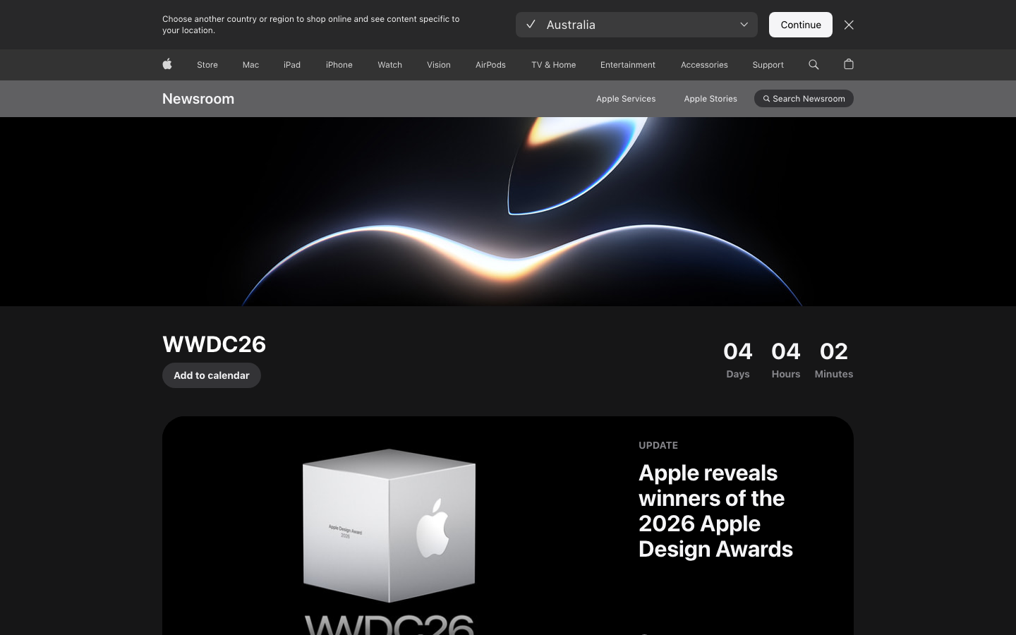 Screenshot of Apple Newsroom