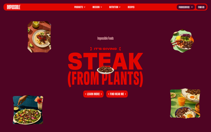 Screenshot of Home Page Impossible Foods