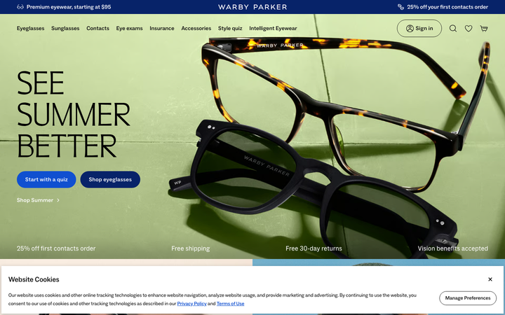 Screenshot of Warby Parker